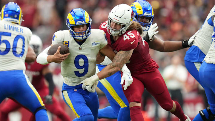 Arizona Cardinals linebacker Dennis Gardeck (45) sacks Los Angeles Rams quarterback Matthew Stafford (9) on Sept. 15, 2024, at State Farm Stadium in Glendale.