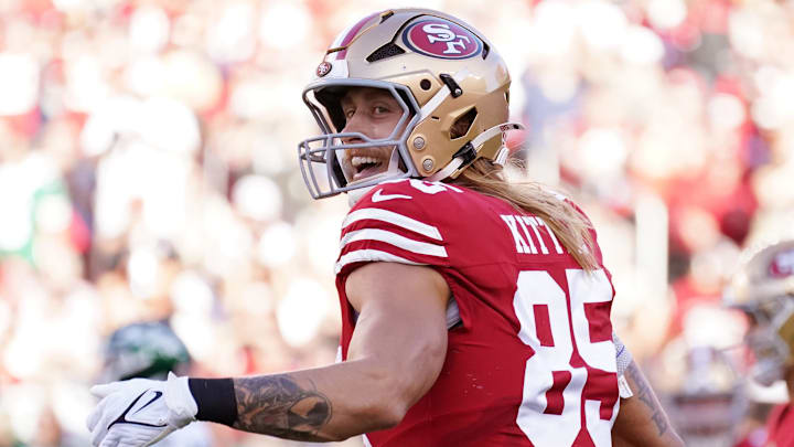 San Francisco 49ers tight end George Kittle smiles after a play. San Francisco 49ers tight end George Kittle smiles after a play.