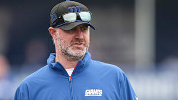 Jul 24, 2024; East Rutherford, NJ, USA; Former New York Giants defensive coordinator Shane Bowen looks on during training camp at Quest Diagnostics Training Facility.