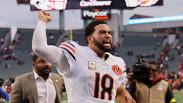 Nov 2, 2025; Cincinnati, Ohio, USA; Chicago Bears quarterback Caleb Williams (18) acknowledges the crowd and walks off the field after defeating the Cincinnati Bengals in the fourth quarter at Paycor Stadium.