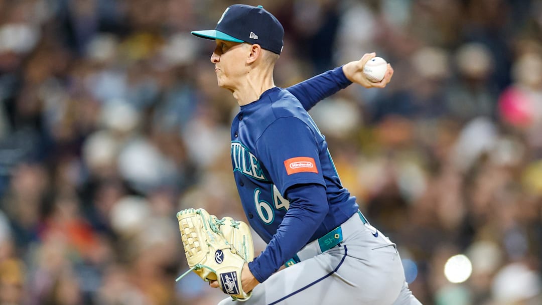 Apr 14, 2026; San Diego, California, USA; Seattle Mariners relief pitcher Casey Legumina (64) throws a pitch during the eighth inning against the San Diego Padres at Petco Park. Mandatory Credit: David Frerker-Imagn Images Apr 14, 2026; San Diego, California, USA; Seattle Mariners relief pitcher Casey Legumina (64) throws a pitch during the eighth inning against the San Diego Padres at Petco Park. Mandatory Credit: David Frerker-Imagn Images