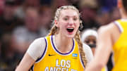 Los Angeles Sparks forward Cameron Brink reacts to a play.