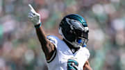 Sep 21, 2025; Philadelphia, Pennsylvania, USA; Philadelphia Eagles wide receiver Devonta Smith (6) reacts to a first down against the Los Angeles Rams at Lincoln Financial Field. 