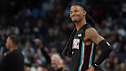 Grizzlies' Ja Morant (12) reacts during the home opener against the New Orleans Pelicans at FedExForum on October 22, 2025.