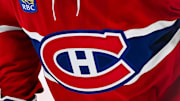 Apr 16, 2025; Montreal, Quebec, CAN; View of a Montreal Canadiens logo on a jersey worn by a member of the team in the second period at Bell Centre. Mandatory Credit: David Kirouac-Imagn Images