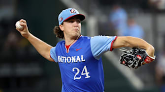 National League Future  pitcher Chase Dollander (24) throws during the first inning against the American League Future team during the Major league All-Star Futures game at Globe Life Field in 2024.
