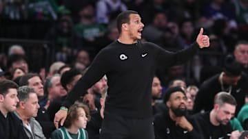 Feb 8, 2025; New York, New York, USA;  Boston Celtics head coach Joe Mazzulla signals to the team in the fourth quarter against the New York Knicks at Madison Square Garden. Mandatory Credit: Wendell Cruz-Imagn Images