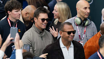 Former baseball star Alex Rodriguez with NFL legend Tom Brady in attendance during the 109th Running of the Indianapolis 500