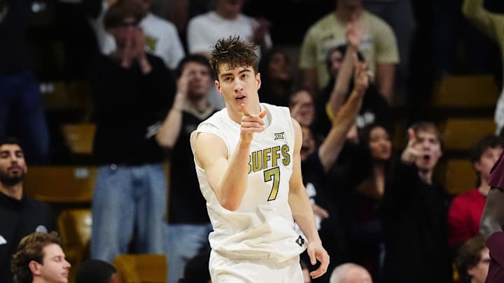 Feb 7, 2026; Boulder, Colorado, USA; Colorado Buffaloes forward Sebastian Rancik (7) reacts in the first half against the Arizona State Sun Devils at the CU Events Center. Mandatory Credit: Ron Chenoy-Imagn Images