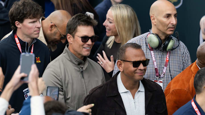 Former baseball star Alex Rodriguez with NFL legend Tom Brady in attendance during the 109th Running of the Indianapolis 500