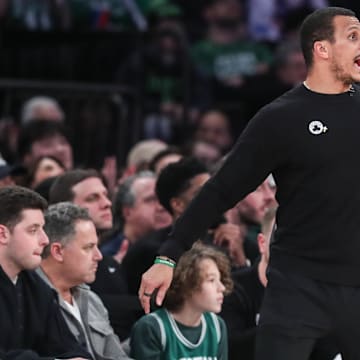 Feb 8, 2025; New York, New York, USA;  Boston Celtics head coach Joe Mazzulla signals to the team in the fourth quarter against the New York Knicks at Madison Square Garden. Mandatory Credit: Wendell Cruz-Imagn Images