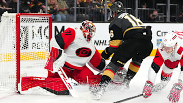 Oct 20, 2025; Las Vegas, Nevada, USA; Vegas Golden Knights right wing Pavel Dorofeyev (16) scores against Carolina Hurricanes goaltender Frederik Anderson (31) during the first period at T-Mobile Arena. Mandatory Credit: Stephen R. Sylvanie-Imagn Images