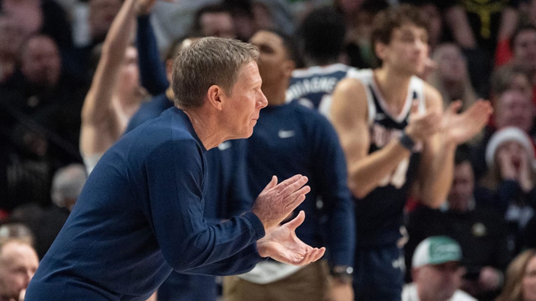 Gonzaga coach Mark Few cheers his team during the first half against Oregon at the Northwest Elite Showdown in the Moda Center in Portland Dec. 21, 2025.