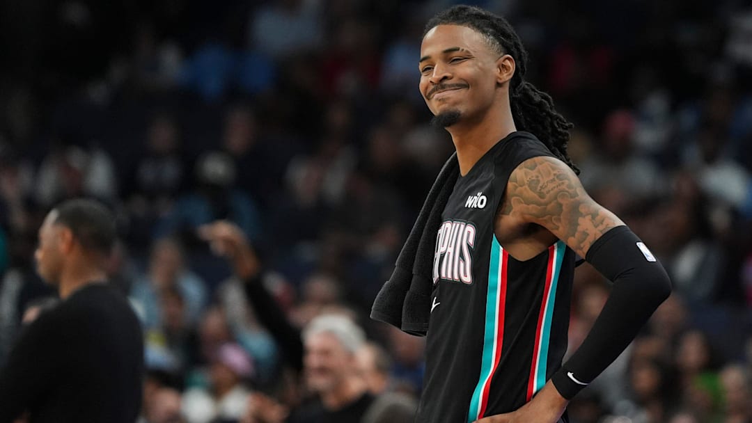 Grizzlies' Ja Morant (12) reacts during the home opener against the New Orleans Pelicans at FedExForum on October 22, 2025.