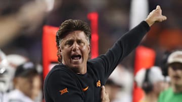 Nov 9, 2024; Fort Worth, Texas, USA; Oklahoma State Cowboys head coach Mike Gundy yells after a play against the TCU Horned Frogs in the second quarter at Amon G. Carter Stadium. Mandatory Credit: Tim Heitman-Imagn Images