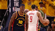 Apr 28, 2025; San Francisco, California, USA; Golden State Warriors forward Jimmy Butler III (10) reacts after scoring against Houston Rockets forward/guard Dillon Brooks (9) during the fourth quarter of game four of the 2025 NBA Playoffs first round at Chase Center. Mandatory Credit: Kelley L Cox-Imagn Images