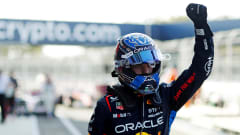 Red Bull Racing driver Max Verstappen (1) celebrates at the Miami Grand Prix.
