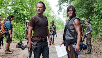 Lauren Cohan as Maggie Greene, Steven Yeun as Glenn Rhee, Josh McDermitt as Dr. Eugene Porter, Christian Serratos as Rosita Espinosa, Andrew Lincoln as Rick Grimes, Sonequa Martin-Green as Sasha, Norman Reedus as Daryl Dixon and Melissa McBride as Carol Peletier - The Walking Dead _ Season 5, Episode 10 - Photo Credit: Gene Page/AMC