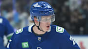 Apr 2, 2025; Vancouver, British Columbia, CAN; Vancouver Canucks defenseman Elias Pettersson (25) during pre game warm up against the Seattle Kraken at Rogers Arena. Mandatory Credit: Simon Fearn-Imagn Images