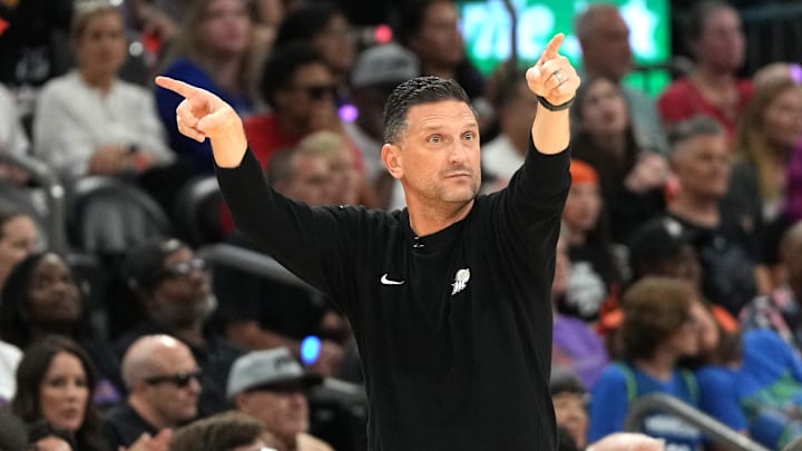 Sep 28, 2025; Phoenix, Arizona, USA; Phoenix Mercury head coach Nate Tibbetts reacts against the Minnesota Lynx in the first half during game four of the second round for the 2025 WNBA Playoffs at PHX Arena. Mandatory Credit: Rick Scuteri-Imagn Images Sep 28, 2025; Phoenix, Arizona, USA; Phoenix Mercury head coach Nate Tibbetts reacts against the Minnesota Lynx in the first half during game four of the second round for the 2025 WNBA Playoffs at PHX Arena. Mandatory Credit: Rick Scuteri-Imagn Images