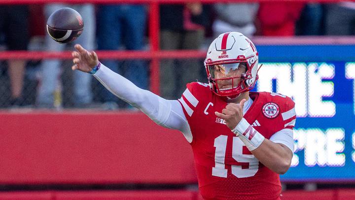 Sep 6, 2025; Lincoln, Nebraska, USA; Nebraska Cornhuskers quarterback Dylan Raiola (15) passes against the Akron Zips during the first quarter at Memorial Stadium. Mandatory Credit: Dylan Widger-Imagn Images