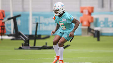 Jul 26, 2023; Miami Gardens, FL, USA; Miami Dolphins cornerback Jalen Ramsey (5) works out during