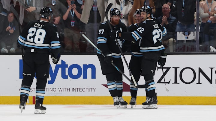 Mar 12, 2025; Salt Lake City, Utah, USA; The Utah Hockey Club celebrates a goal by center Jack McBain (22) against the Anaheim Ducks during the first period at Delta Center. Mandatory Credit: Rob Gray-Imagn Images