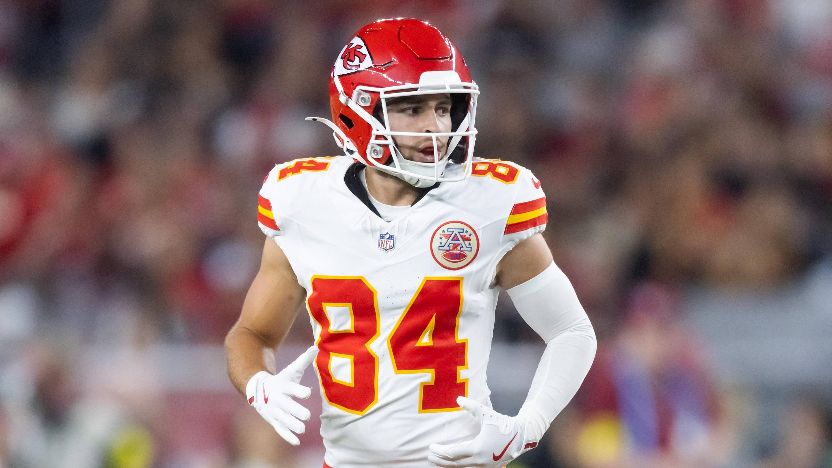 Aug 9, 2025; Glendale, Arizona, USA; Kansas City Chiefs wide receiver Mac Dalena (84) against the Arizona Cardinals during a preseason NFL game