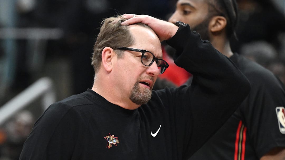 Jan 11, 2026; Toronto, Ontario, CAN; Philadelphia 76ers head coach Nick Nurse reacts after the Toronto Raptors scored a basket in the second half at Scotiabank Arena. Mandatory Credit: Dan Hamilton-Imagn Images