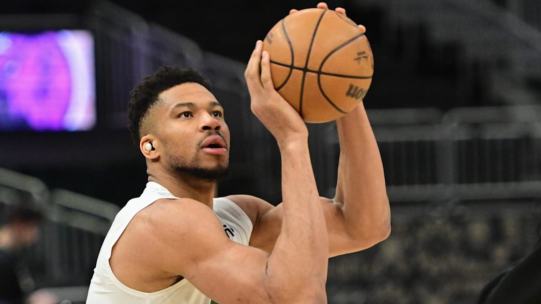 Jan 13, 2026; Milwaukee, Wisconsin, USA; Milwaukee Bucks forward Giannis Antetokounmpo (34) warms up before game against the Minnesota Timberwolves at Fiserv Forum. Mandatory Credit: Benny Sieu-Imagn Images