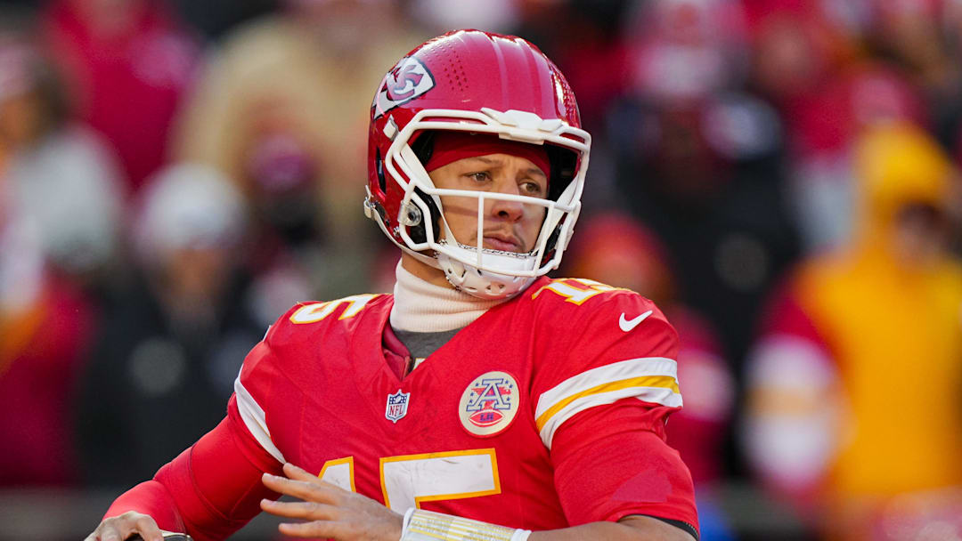 Dec 14, 2025; Kansas City, Missouri, USA; Kansas City Chiefs quarterback Patrick Mahomes (15) throws a pass during the second half against the Los Angeles Chargers at GEHA Field at Arrowhead Stadium. Mandatory Credit: Jay Biggerstaff-Imagn Images