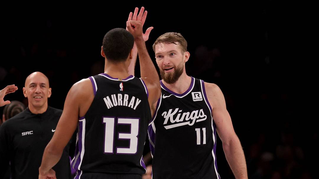 Jan 27, 2025; Brooklyn, New York, USA; Sacramento Kings forward Domantas Sabonis (11) celebrates his three point shot against the Brooklyn Nets with forward Keegan Murray (13) during the fourth quarter at Barclays Center. Mandatory Credit: Brad Penner-Imagn Images Jan 27, 2025; Brooklyn, New York, USA; Sacramento Kings forward Domantas Sabonis (11) celebrates his three point shot against the Brooklyn Nets with forward Keegan Murray (13) during the fourth quarter at Barclays Center. Mandatory Credit: Brad Penner-Imagn Images