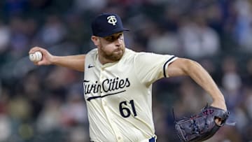 Apr 9, 2024; Minneapolis, Minnesota, USA; Minnesota Twins pitcher Brock Stewart (61) delivers a pitch against the Los Angeles Dodgers in the eighth inning at Target Field. Mandatory Credit: Jesse Johnson-Imagn Images