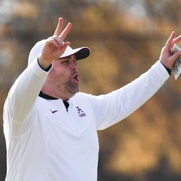 Mar 6, 2024; Tuscaloosa, Alabama, USA; Defensive coordinator Kane Wommack gives directions during practice of the Alabama Crimson Tide football team Wednesday.