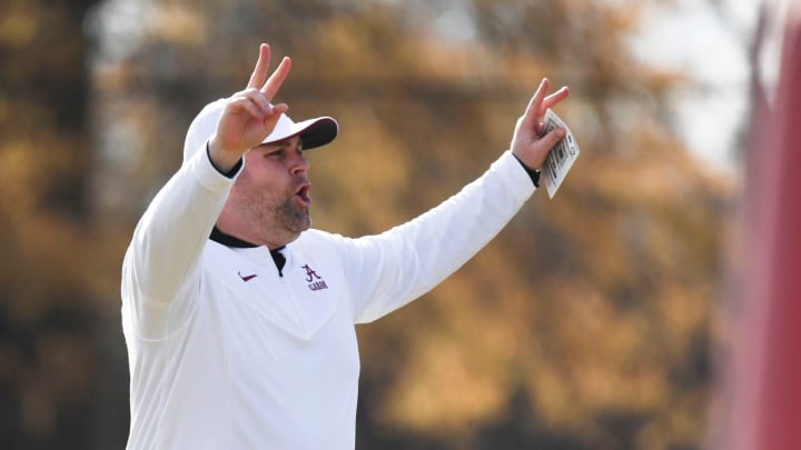 Mar 6, 2024; Tuscaloosa, Alabama, USA; Defensive coordinator Kane Wommack gives directions during practice of the Alabama Crimson Tide football team Wednesday.