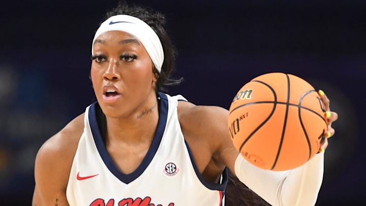Ole Miss Rebels forward Cotie McMahon (32) drives to the basket Thursday, March 5, 2026, during the SEC Women's Basketball Tournament second round game against the Auburn Tigers at Bon Secours Wellness Arena in Greenville, South Carolina.