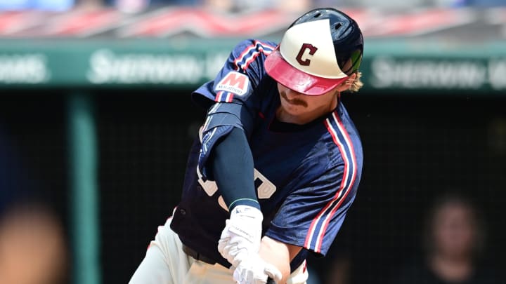 Cleveland Guardians first baseman Kyle Manzardo (9) hits an RBI double during the eighth inning against the New York Mets at Progressive Field on May 22.