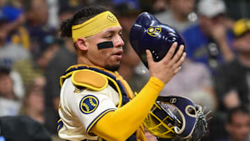 Sep 17, 2025; Milwaukee, Wisconsin, USA; Milwaukee Brewers catcher William Contreras (24) gets ready to play in the third inning against the Los Angeles Angels at American Family Field. Mandatory Credit: Benny Sieu-Imagn Images