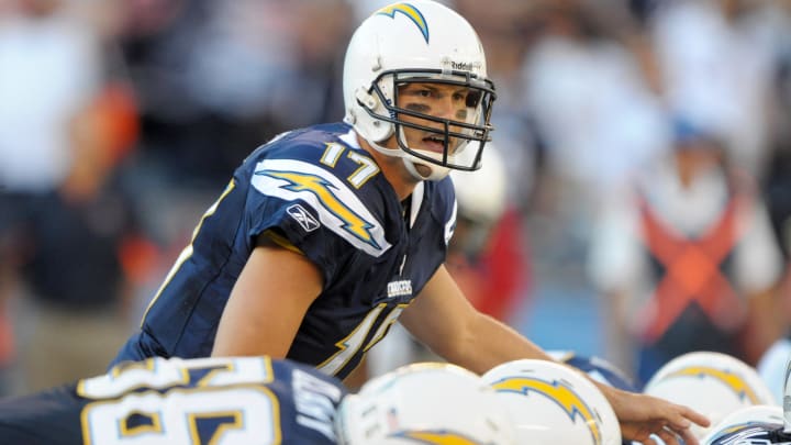 Aug 14, 2010; San Diego, CA, USA; San Diego Chargers quarterback Philip Rivers (17) takes a snap in the first quarter against the Chicago Bears in the preseason game at Qualcomm Stadium. Mandatory Credit: Kirby Lee/Image of Sport-USA TODAY Sports