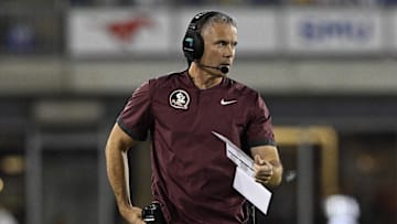 Sep 28, 2024; Dallas, Texas, USA; Florida State Seminoles head coach Mike Norvell during the game between the Southern Methodist Mustangs and the Florida State Seminoles at Gerald J. Ford Stadium. Mandatory Credit: Jerome Miron-Imagn Images