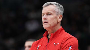 Dec 16, 2024; Toronto, Ontario, CAN; Chicago Bulls head coach Billy Donovan watches the play against the Toronto Raptors during the third quarter at Scotiabank Arena. Mandatory Credit: Nick Turchiaro-Imagn Images