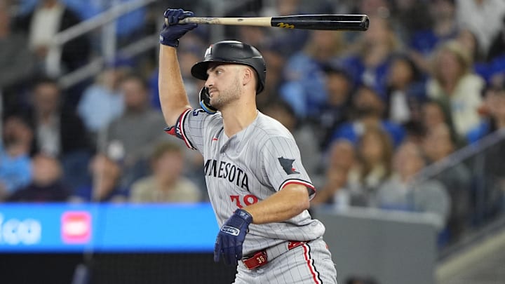 Aug 25, 2025; Toronto, Ontario, CAN; Minnesota Twins right fielder Matt Wallner (38) reacts after hitting a fly ball to the Toronto Blue Jays during the eighth inning at Rogers Centre. Mandatory Credit: John E. Sokolowski-Imagn Images