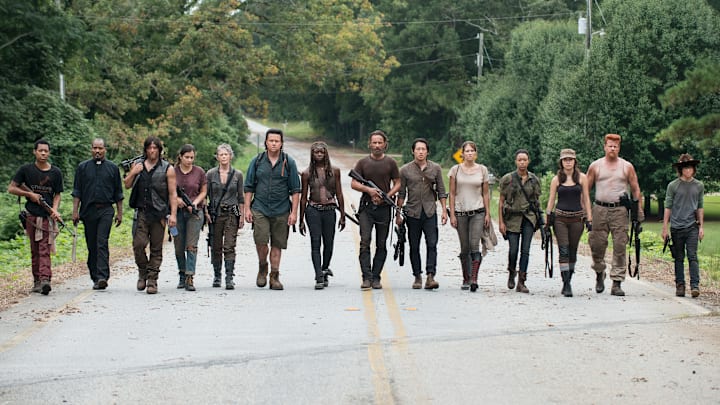 Tyler James Williams as Noah, Seth Gilliam as Father Gabriel, Norman Reedus as Daryl Dixon, Alanna Masterson as Tara Chambler, Melissa McBride as Carol Peletier, Josh McDermitt as Dr. Eugene Porter, Danai Gurira as Michonne, Andrew Lincoln as Rick Grimes, Steven Yeun as Glenn Rhee, Lauren Cohan as Maggie Greene, Sonequa Martin-Green as Sasha, Christian Serratos as Rosita Espinosa, Michael Cudlitz as Abraham and Chandler Riggs as Carl Grimes - The Walking Dead season 5