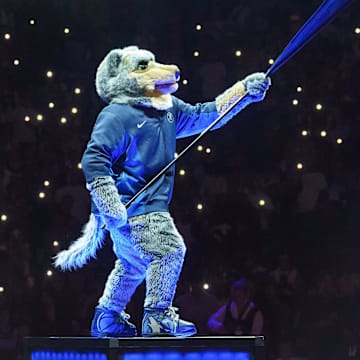 Oct 28, 2023; Minneapolis, Minnesota, USA; Minnesota Timberwolves mascot, Crunch, during pregame against Miami Heat at Target Center. Mandatory Credit: Matt Blewett-Imagn Images