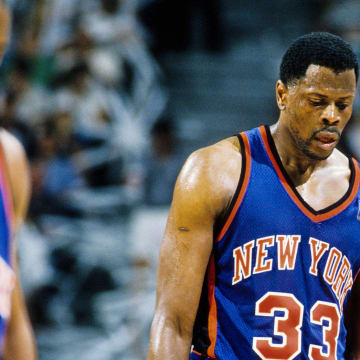 May 18, 1997; Miami, FL; USA; FILE PHOTO; New York Knicks center Patrick Ewing (33) reacts on the court against the Miami Heat during the the first round of the 1997 NBA Playoffs at the Miami Arena. Mandatory Credit: RVR Photos-USA TODAY Sports