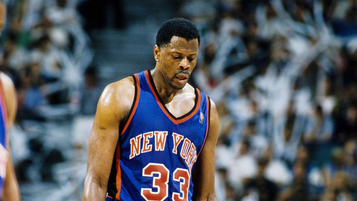 May 18, 1997; Miami, FL; USA; FILE PHOTO; New York Knicks center Patrick Ewing (33) reacts on the court against the Miami Heat during the the first round of the 1997 NBA Playoffs at the Miami Arena. Mandatory Credit: RVR Photos-USA TODAY Sports