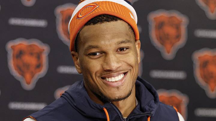 Jun 3, 2025; Lake Forest, IL, USA; Chicago Bears wide receiver DJ Moore (2) speaks during minicamp at Halas Hall. Mandatory Credit: Kamil Krzaczynski-Imagn Images