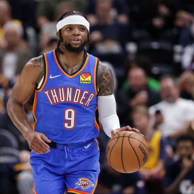 Apr 6, 2022; Salt Lake City, Utah, USA;  Oklahoma City Thunder guard Zavier Simpson (9) dribbles the