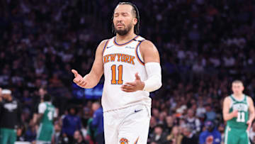 May 10, 2025; New York, New York, USA; New York Knicks guard Jalen Brunson (11) reacts to a call in the third quarter  against the Boston Celtics during game three of the second round for the 2025 NBA Playoffs at Madison Square Garden. Mandatory Credit: Wendell Cruz-Imagn Images