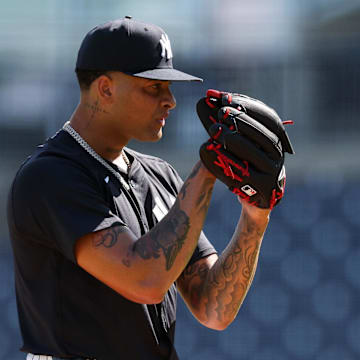 Feb 15, 2025; Tampa, FL, USA; New York Yankees starting pitcher Luis Gil (81) participates in spring training workouts at George M. Steinbrenner Field. Mandatory Credit: Nathan Ray Seebeck-Imagn Images